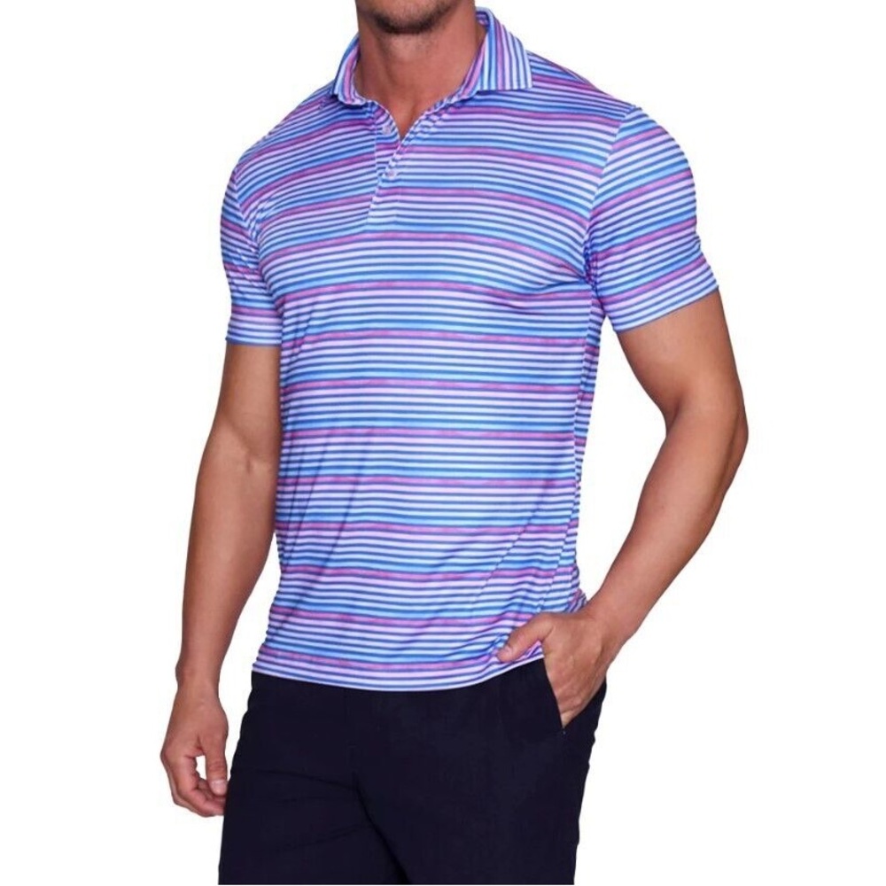 TailorByrd Mens  Stripe Fashion Polo Shirt Royal Pink SPF 30‎ XXL